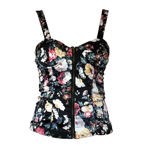 [Rachael & Chloe] Zip Front Black Floral Padded Tank | S | Good - Picture 1 of 13